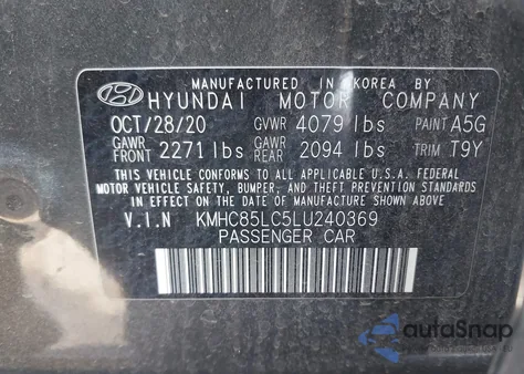 2020 Hyundai Ioniq Hybrid Sel z USA, uszkodzony, nr VIN KMHC85LC5LU240369